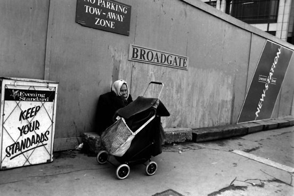 Bag lady at Broadgate, 1986