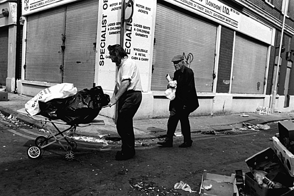 Man with a push chair, Grimsby Street 1985