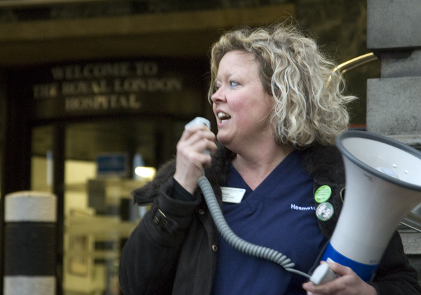 Nurse demonstrating outside the London Hospital