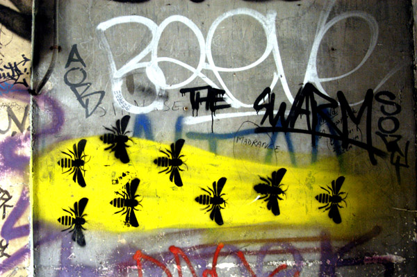 Wall with graffiti, stencils and paint, Paris 2004