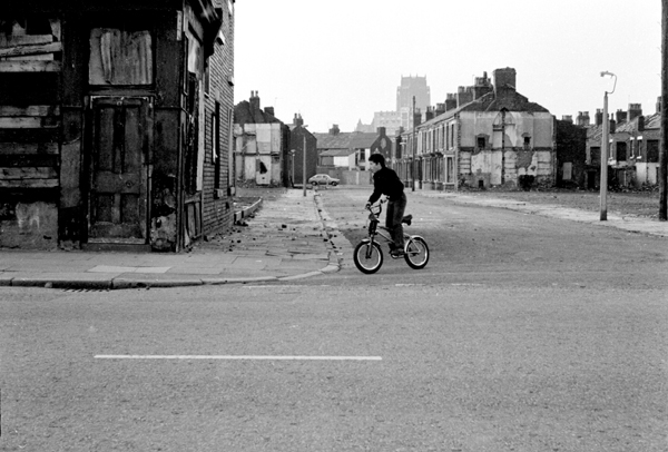Boy riding his bicycle off Princess Avenue. Liverpool 1980
