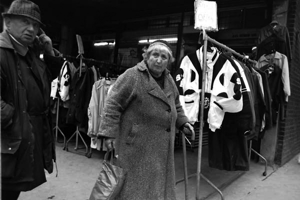 Woman with walking stick, Whitechapel c. 1983