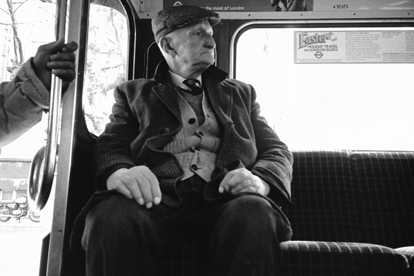 Man on bus, Whitechapel 1990