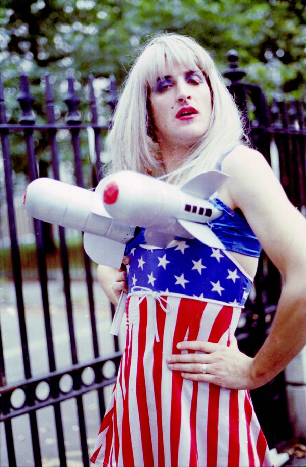Drag queen makes her point at anti war demonstration 2003
