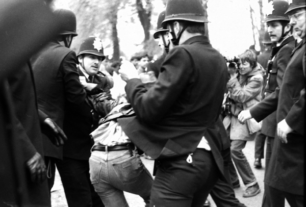 Police arrest a demonstrator Newham 1985
