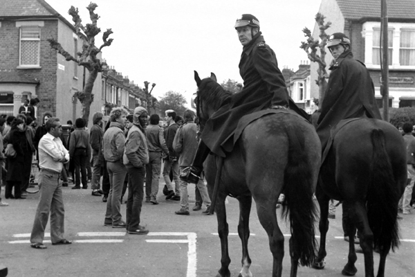 Police horses just outside Plashet park,Newham 1985