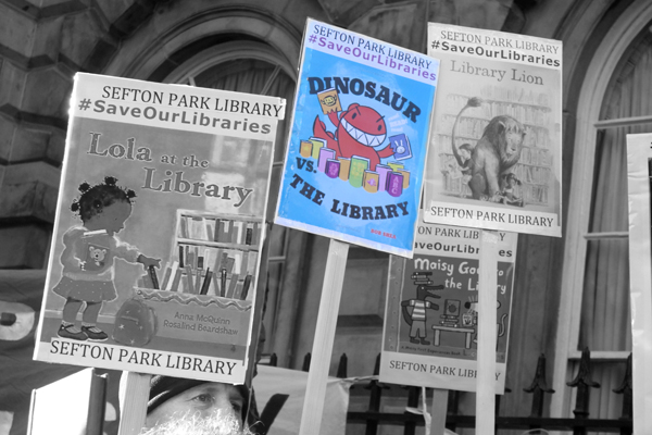 Placards supporting a fully funded library service. Liverpool 2017.