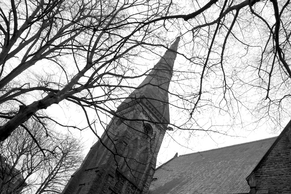 Spire with trees. St Mary's Church Wavertree, Liverpool 2017.