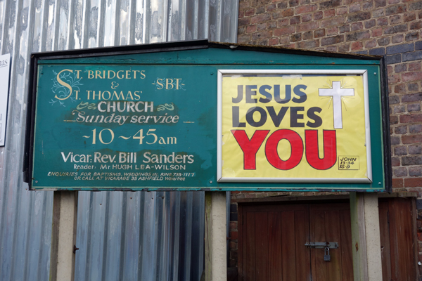 Church sign at St Bridget and St. Thomas, Wavertree. Liverpool 2017.