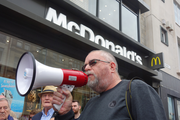 Writer Alan Gibbons outside McDonald's. Liverpool 2017.