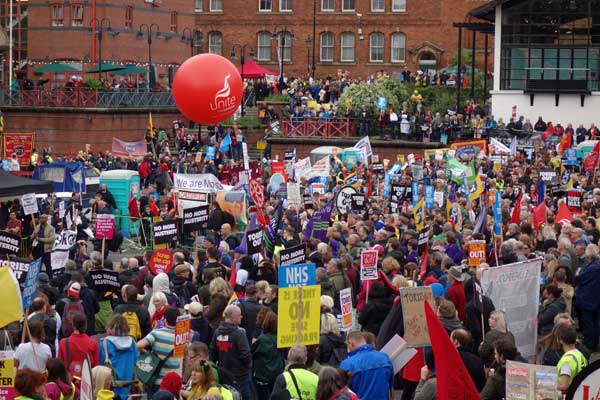 Crowds assemble for the march. Manchester, October 2017.