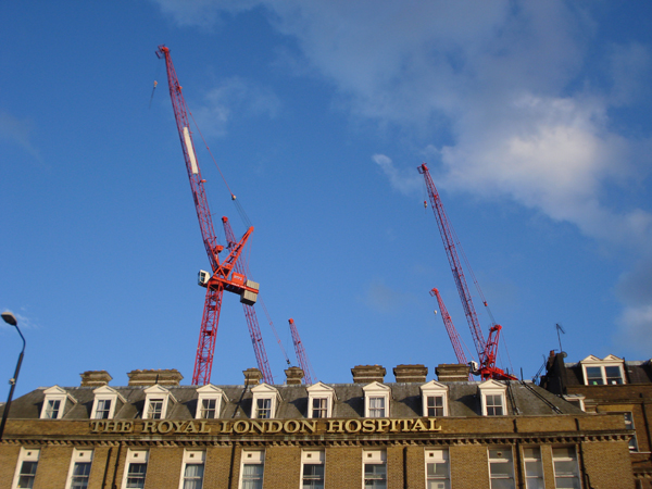 The London Hospital with cranes. East London, June 2007.
