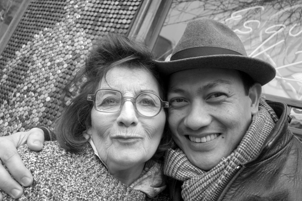 Sandra with Hazuan outside the Golden Heart. Spitalfields December 2017.