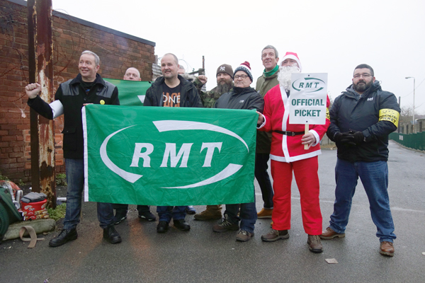 On the picket line with the RMT banner. Kirkdale in Liverpool December 2017. 