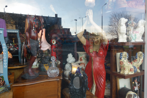 Antique shop window in Wavertree. Liverpool January 2018.