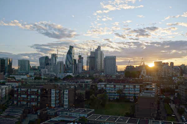 Sunset viewed from Pauline House in Old Montague Street. East London, September 2017.