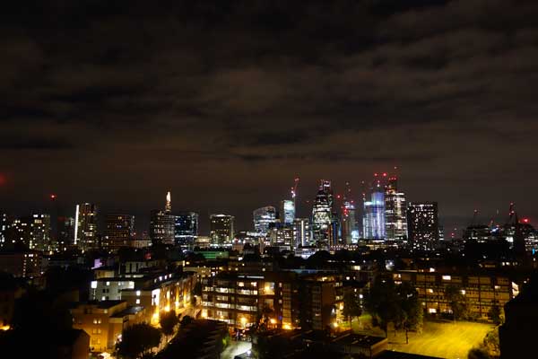 The City at night viewed from Whitechapel. East London, September 2017.