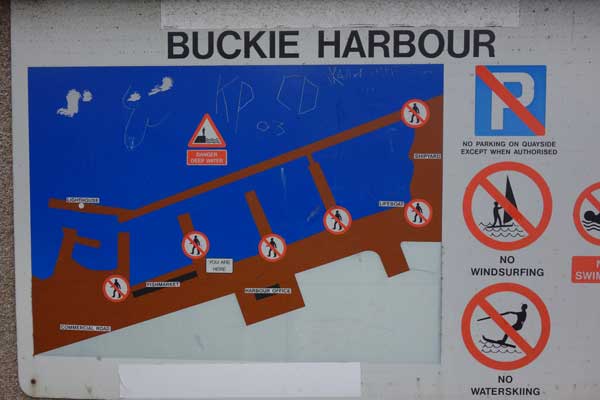 Sign for Buckie Harbour. Scotland, August 2017.
