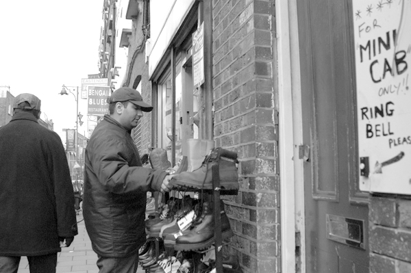 Shoes for sale on Brick Lane. East London 2002.